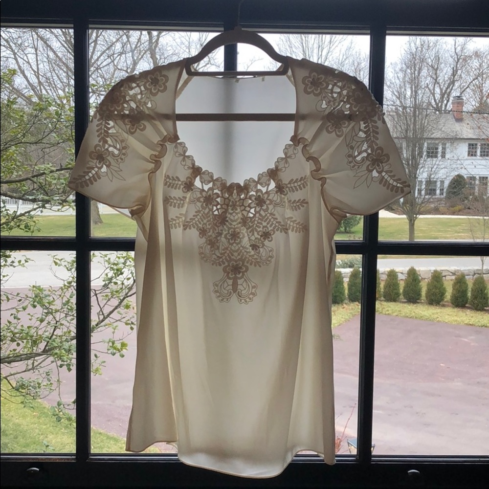 Ellie Tahari Silk Flower- embroidered Blouse
